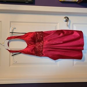 Short, red, satin, halter top dress WITH POCKETS (size 9/10)
